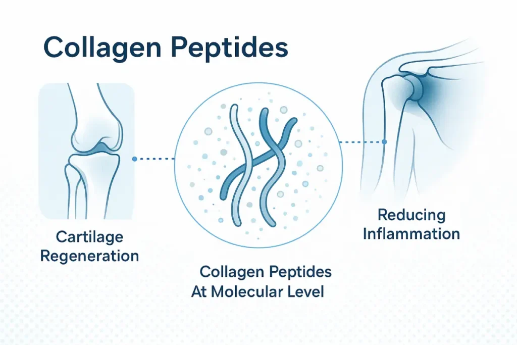 Illustration showing collagen peptides supporting joint health, cartilage regeneration, and reducing inflammation
