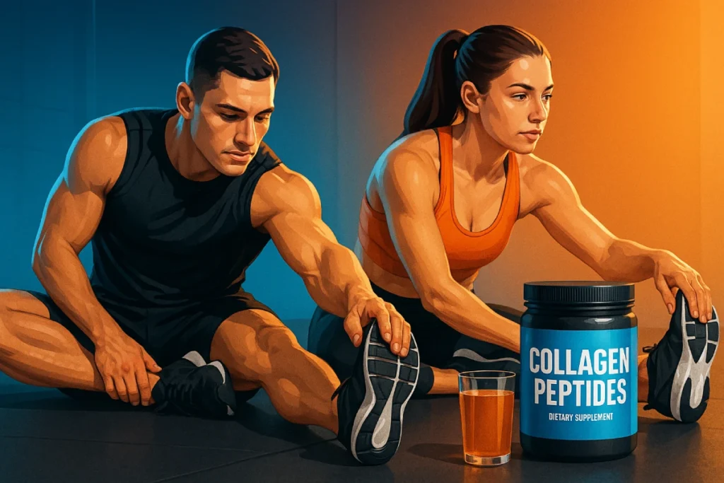 Athlete stretching with collagen peptide sports recovery drink in background, illustrating performance and recovery benefits