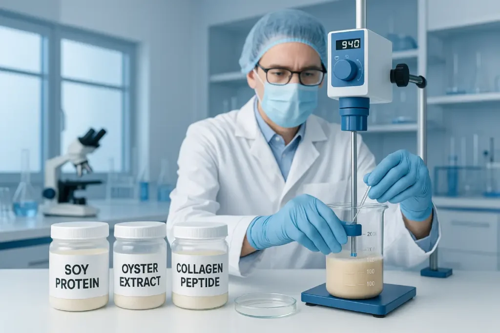 Lab technician blending soy, oyster, and collagen peptides powders with precision equipment, emphasizing custom peptide formulation and innovation