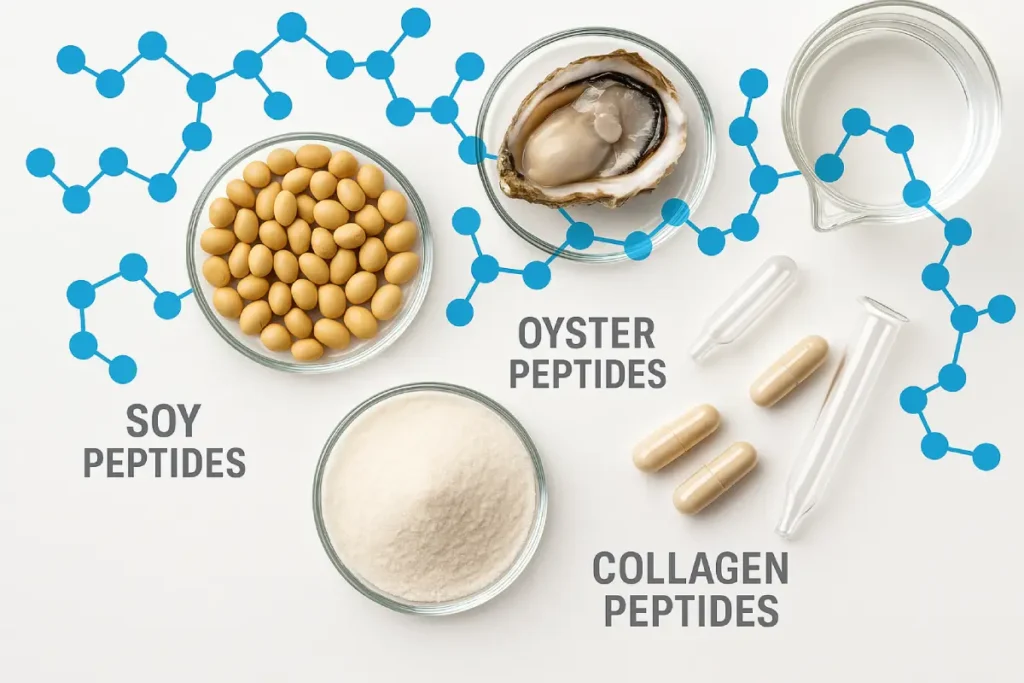 Professional functional peptide blend concept showing soy, oyster, and collagen peptides with molecular structure and laboratory equipment in clean, modern style