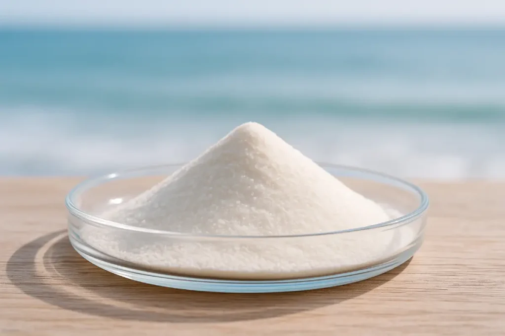 Close-up of hydrolyzed fish collagen peptide powder on a glass dish with a calm ocean background, representing purity and marine source