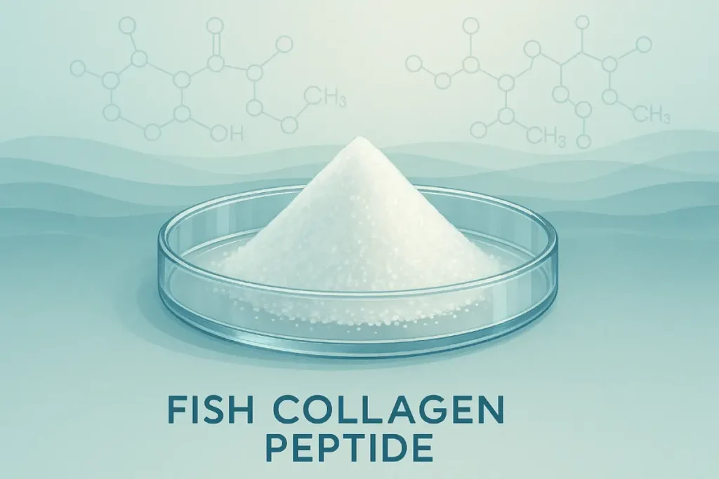 Close-up of clear fish collagen peptides powder with marine background, highlighting purity and scientific research