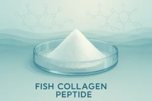 Close-up of clear fish collagen peptides powder with marine background, highlighting purity and scientific research