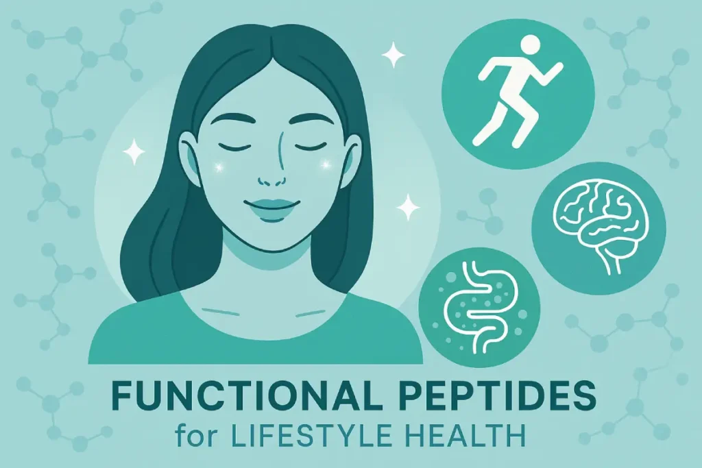 llustration showing diverse lifestyle segments enhanced by functional peptides, featuring glowing healthy skin, active vitality symbols, gut microbiome graphics, and brain cognition icons, in a clean, professional style with blue and green tones.