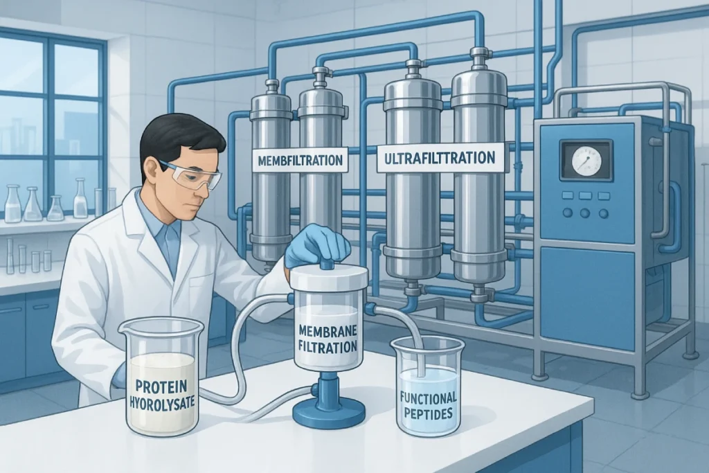 Membrane filtration unit separating functional peptides from protein hydrolysates in a modern laboratory