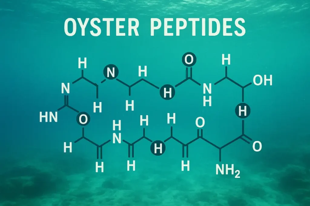 Molecular structure of oyster peptides with ocean background symbolizing natural marine bioactive compounds for men's health.