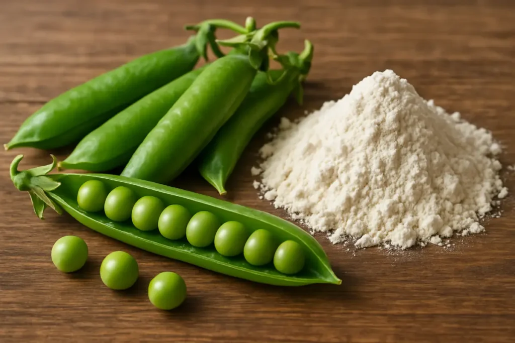 Close-up of fresh green pea pods and pea protein powder, highlighting natural plant-based peptide raw materials for weight management