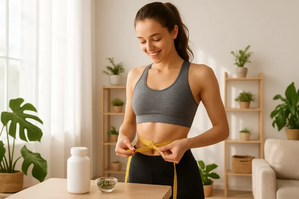 Healthy woman measuring her waist with a tape measure, symbolizing weight management supported by pea peptides supplement