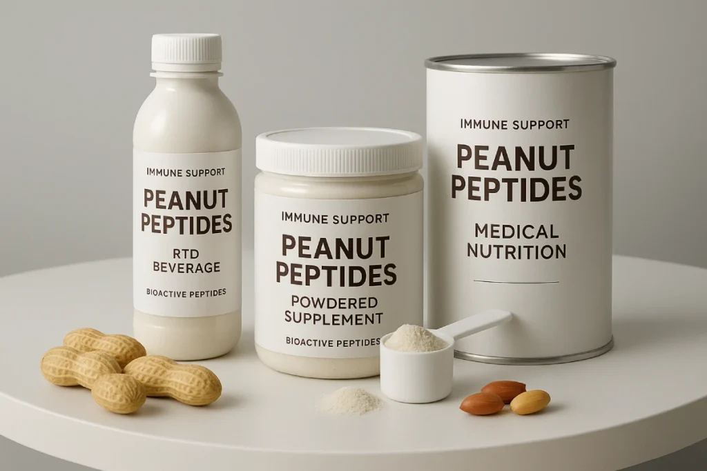 Peanut peptide-based functional nutrition products for immune support, including RTD beverages, powdered supplements, and medical nutrition, B2B functional food solutions