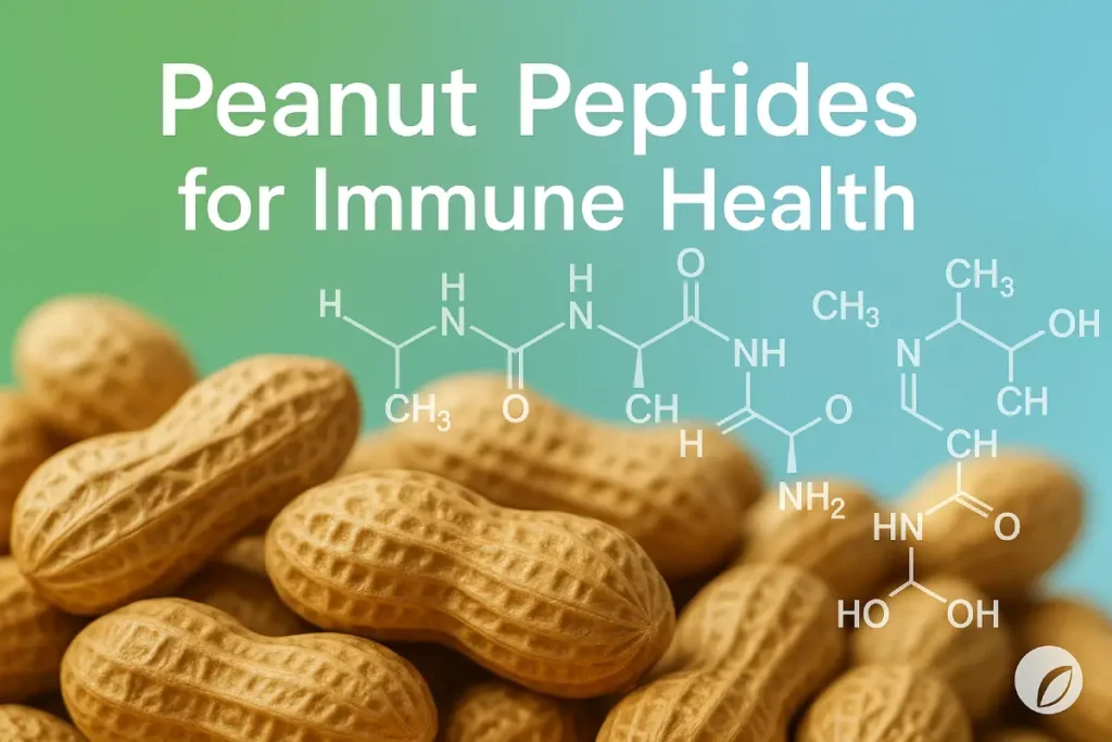 Close-up of natural peanuts with overlaid molecular peptide structure on green-blue gradient background, representing peanut peptides and immune health benefits.
