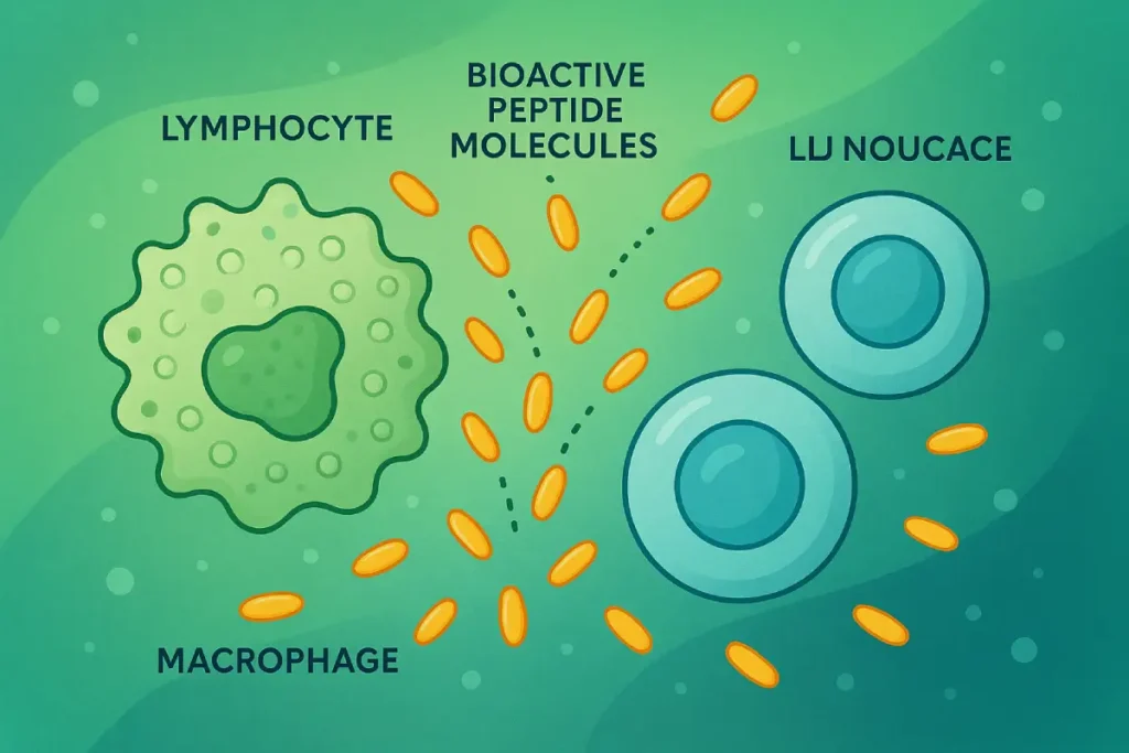 Illustration of immune cells interacting with bioactive peptides, highlighting the immune-support benefits of peanut peptides in functional nutrition.
