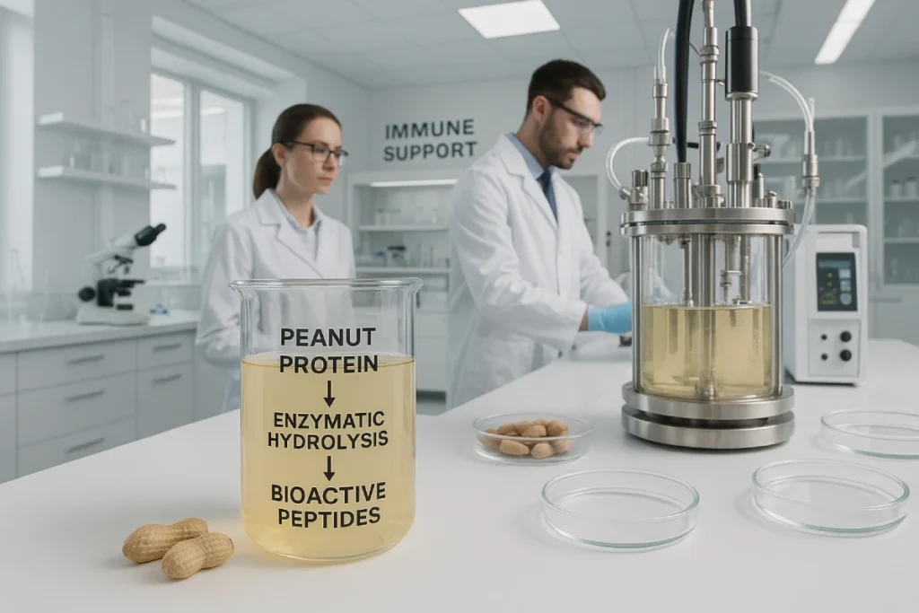 Peanut peptides production process in modern laboratory, showing enzymatic hydrolysis and fermentation for immune support ingredients, B2B peptide supplier