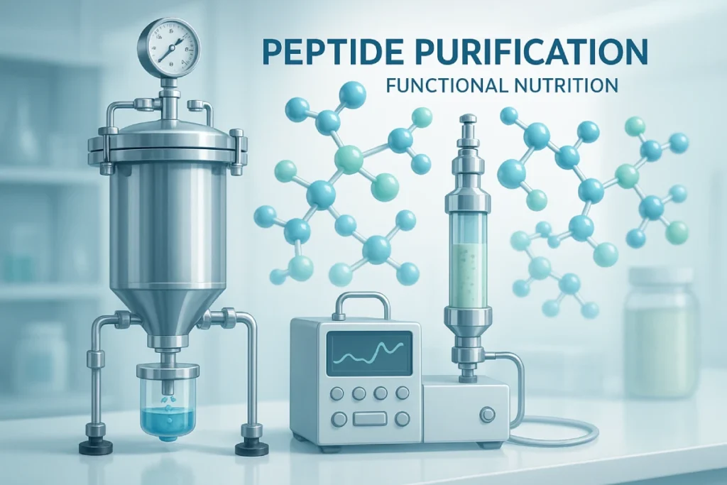 Illustration of peptide purification process including membrane filtration and HPLC for functional food ingredients