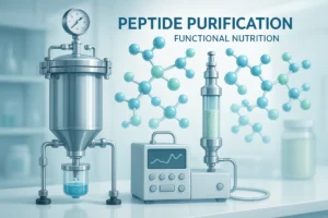 Illustration of peptide purification process including membrane filtration and HPLC for functional food ingredients