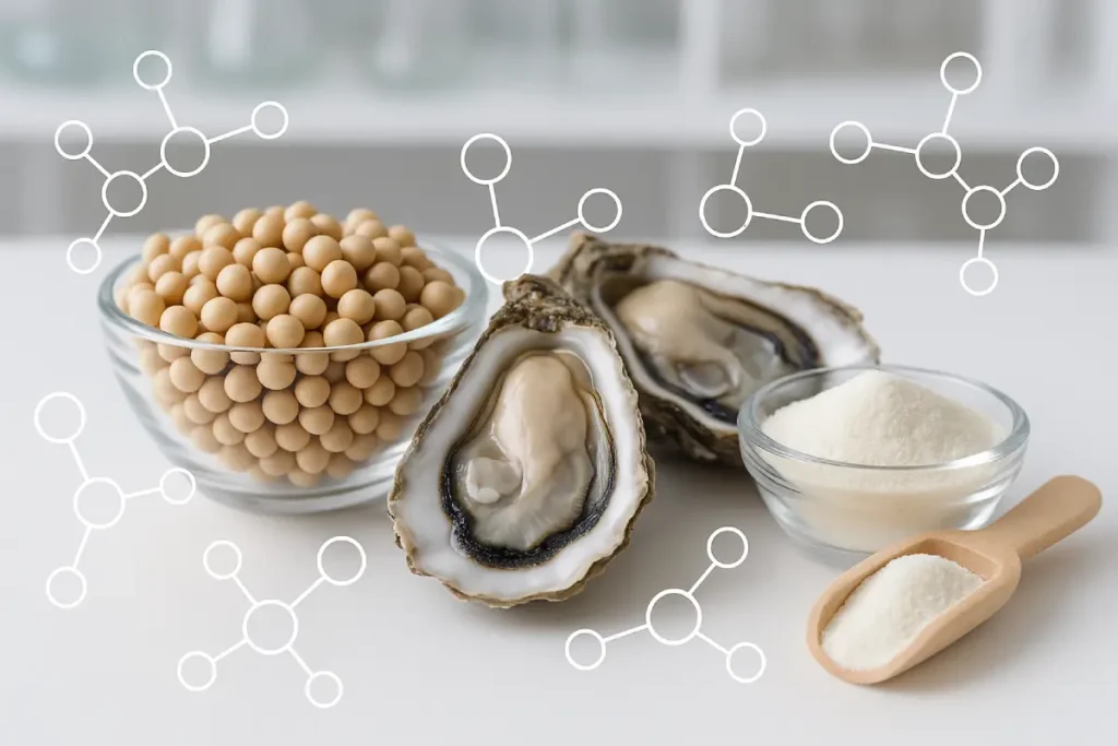 High-quality soy, oyster, and collagen peptide raw materials with molecular structures overlay, clean white laboratory background