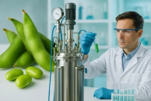 Soy peptide extraction process featuring fresh soybeans, industrial bioreactor and scientific laboratory analysis