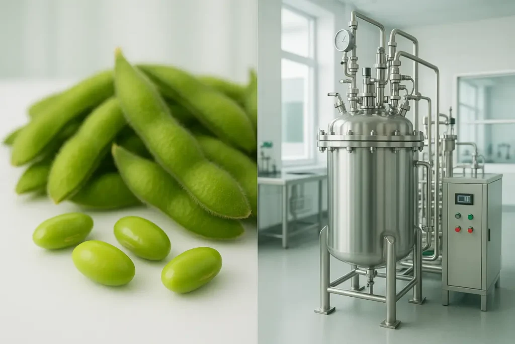 Close-up of fresh green soybeans pods alongside industrial enzymatic hydrolysis reactor in a modern laboratory setting