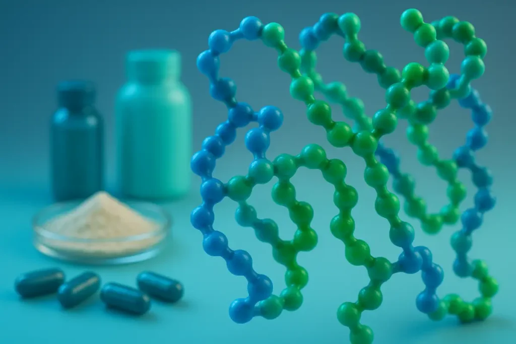 3D molecular model of soy peptides with blurred functional food and supplement products in the background, emphasizing bioactive nutrition and health benefits