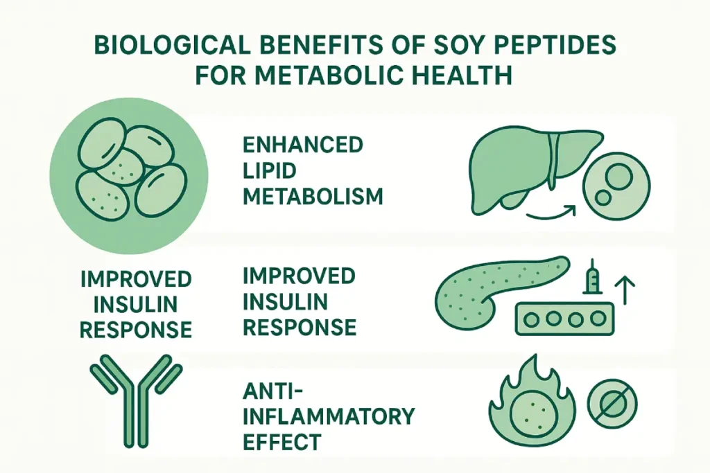 Illustration showing how soy peptides support metabolic health by improving lipid metabolism, insulin sensitivity, and reducing inflammatio