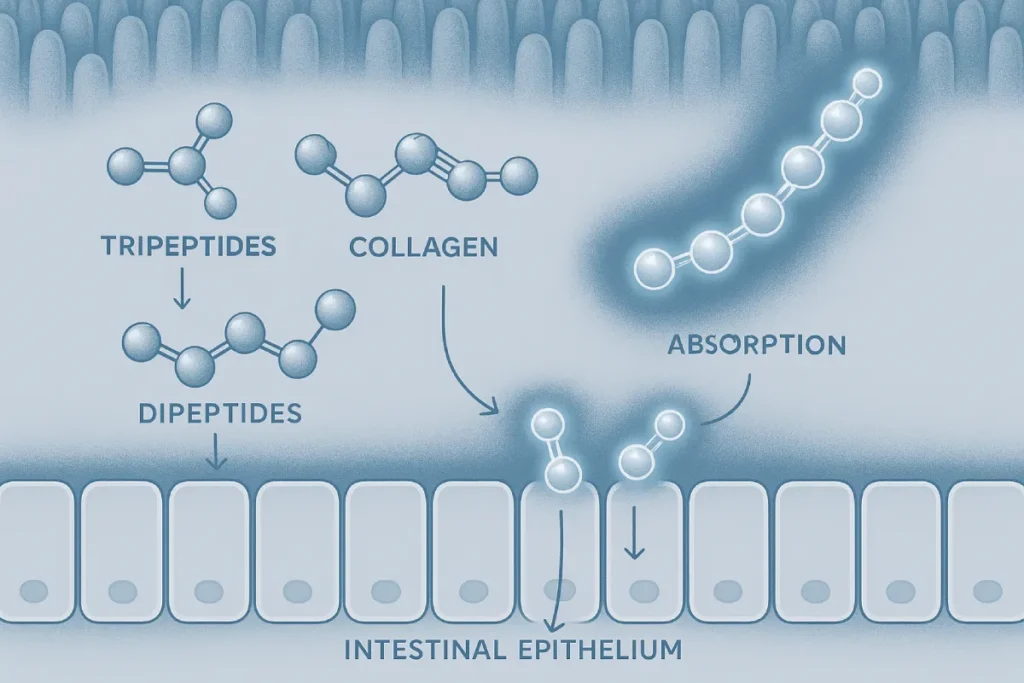 Visualization of collagen peptide absorption at molecular level, featuring tripeptides and dipeptides interacting with intestinal wall, scientific and professional tone for functional nutrition B2B branding.