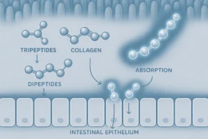 Visualization of collagen peptide absorption at molecular level, featuring tripeptides and dipeptides interacting with intestinal wall, scientific and professional tone for functional nutrition B2B branding.