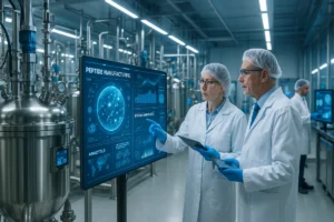 AI-assisted hydrolysis pathways in peptide manufacturing laboratory with scientists and stainless steel bioreactors
