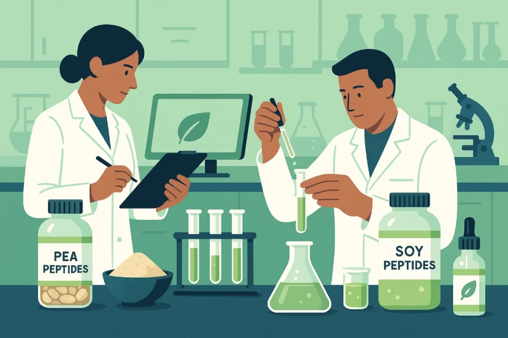B2B application of soy and pea peptides in functional nutrition, illustrating formulation and lab testing for supplement and medical nutrition brands