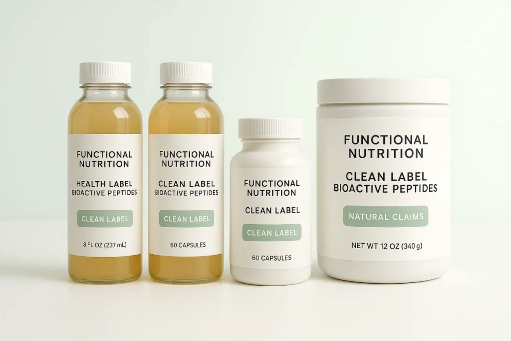 Functional nutrition products such as beverages, capsules, and powders using clean label bioactive peptides for B2B brands