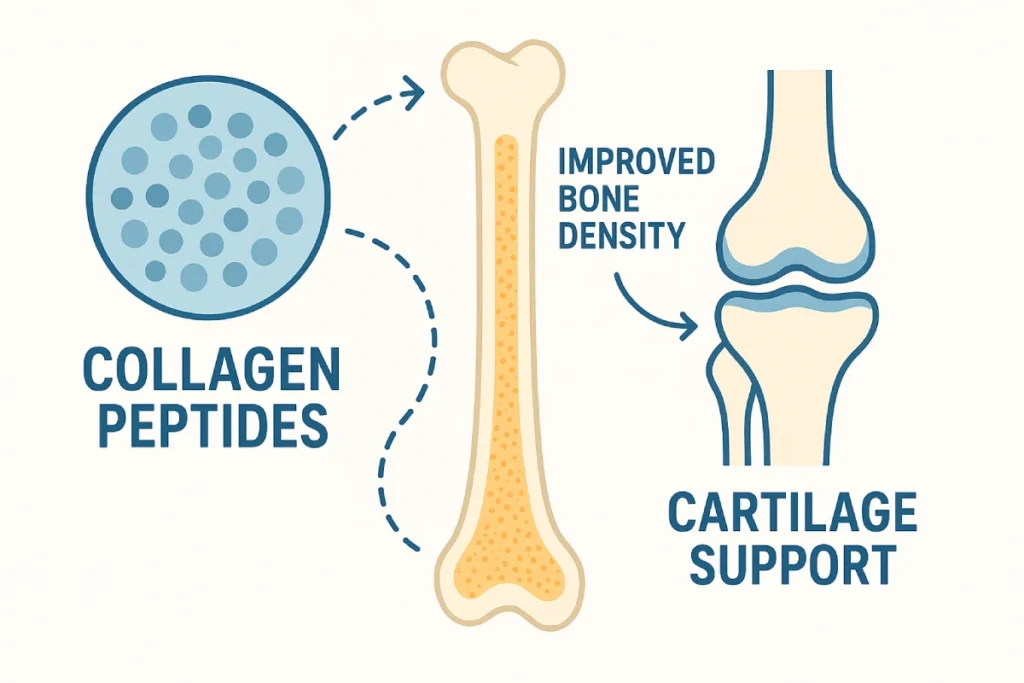 Scientific illustration of collagen peptides supporting bone density and joint health in aging adults