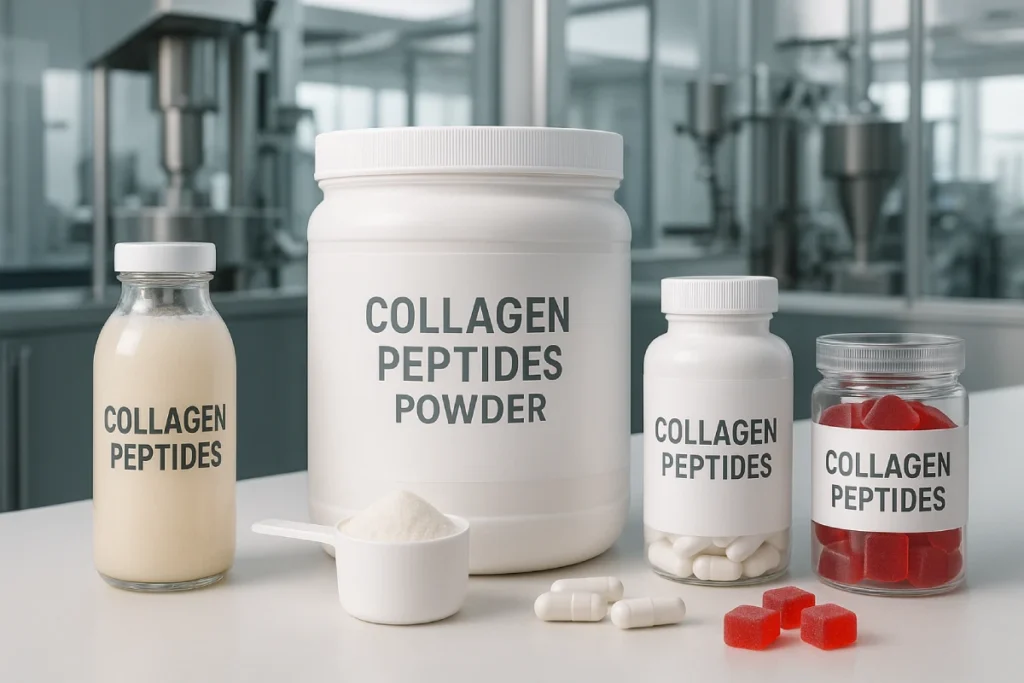 Collagen peptides used in functional beverages, powders, gummies, and capsules for beauty-from-within nutrition, shown in professional B2B product development setting
