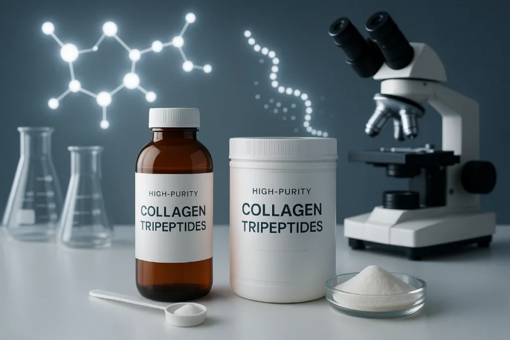 B2B functional nutrition concept with high-purity collagen tripeptides, beverage and supplement application, low molecular weight peptide illustration