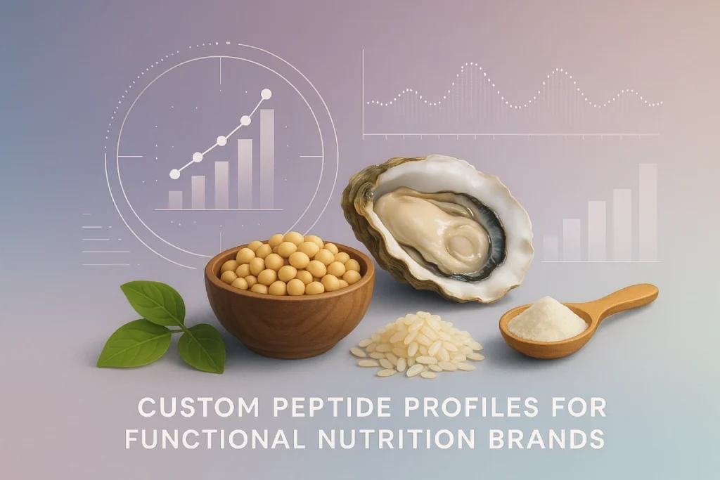 Conceptual high-resolution illustration combining natural raw ingredients like soy, oyster, rice, and collagen with digital AI data visualization overlays, representing custom peptide profiles for functional nutrition brands, modern clean design, gradient background, professional B2B look