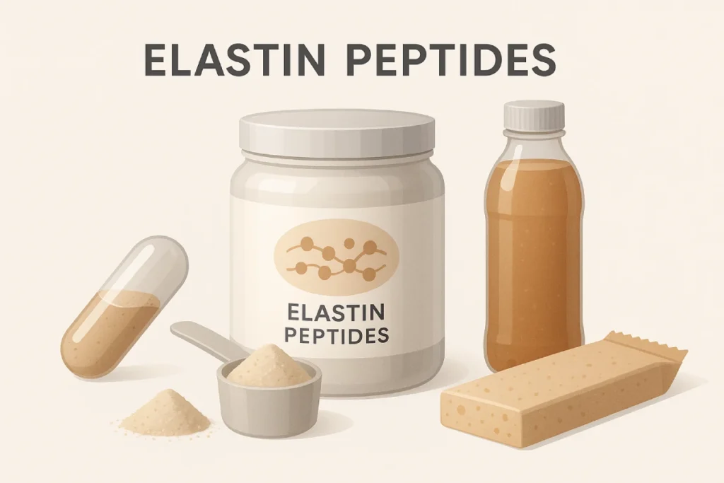 Elastin peptides integrated into functional beverage, capsule, and snack formulations, illustrating practical applications for nutricosmetic brands.