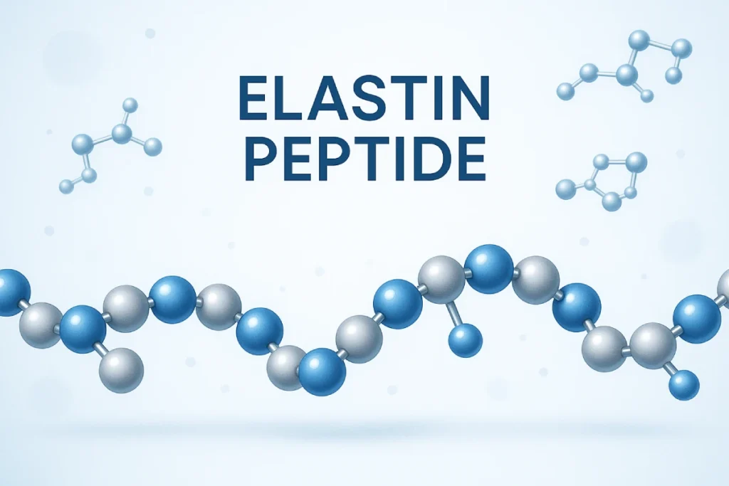 Abstract digital illustration of elastin peptide molecular chains and connective tissue, highlighting scientific and functional benefits for nutricosmetic applications.