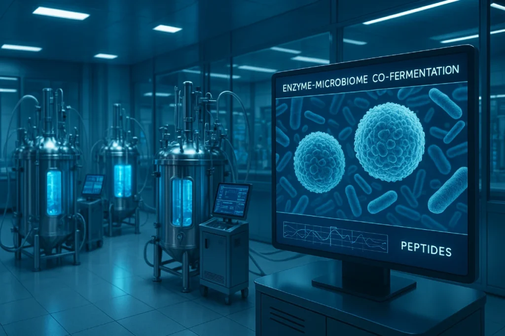 Enzyme–Microbiome Co-Fermentation technology producing functional peptides in a high-tech laboratory setting