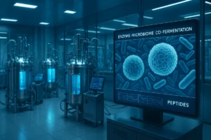 Enzyme–Microbiome Co-Fermentation technology producing functional peptides in a high-tech laboratory setting