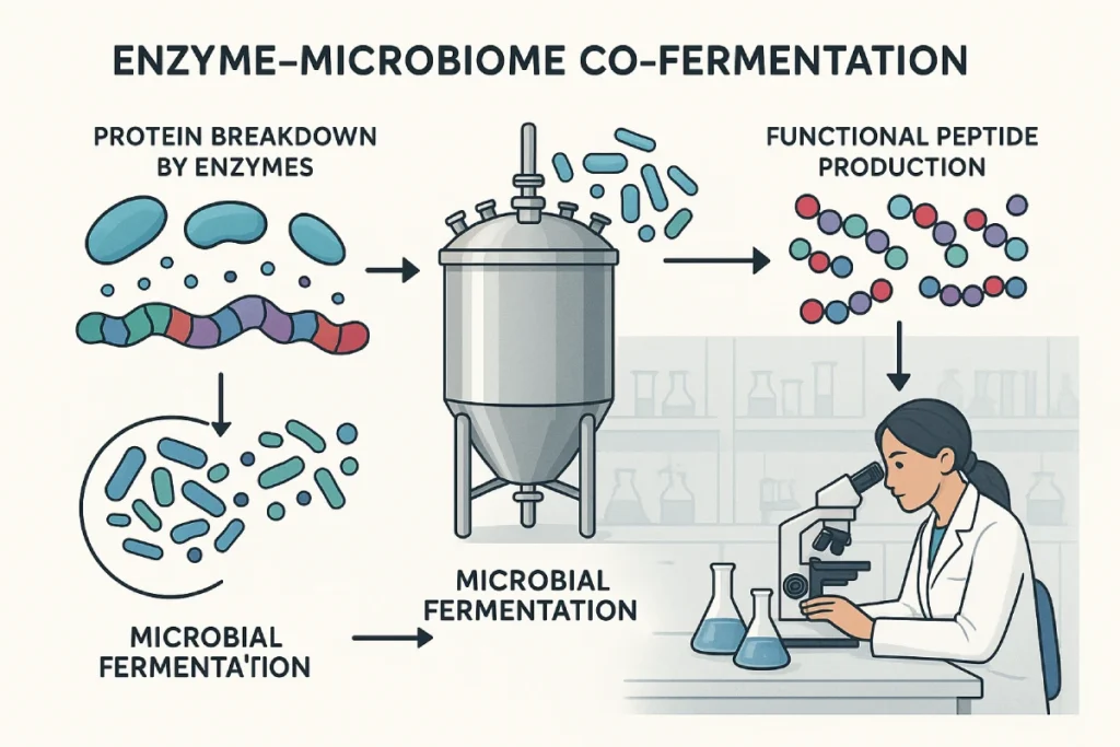 Illustration of enzyme–microbiome co-fermentation process producing functional peptides in a high-tech laboratory