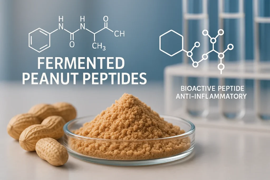 High-resolution image of fermented peanut peptides with molecular structures, representing anti-inflammatory functional nutrition for B2B brands.