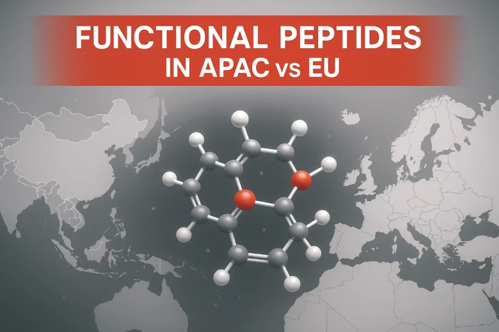"A modern and professional infographic style image showing functional peptides for B2B market, molecular structures of peptides in the center, left side APAC map, right side EU map, futuristic and clean design, red (#d12900), white and gray color scheme, subtle glowing effects, text overlay: 'Functional Peptides in APAC vs EU', suitable for business and science website cover, high-resolution"
