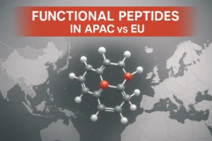 "A modern and professional infographic style image showing functional peptides for B2B market, molecular structures of peptides in the center, left side APAC map, right side EU map, futuristic and clean design, red (#d12900), white and gray color scheme, subtle glowing effects, text overlay: 'Functional Peptides in APAC vs EU', suitable for business and science website cover, high-resolution"