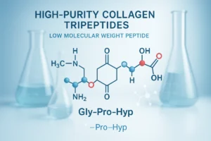 High-purity collagen tripeptides molecular structure and B2B functional nutrition concept, low molecular weight peptide illustration for formulators