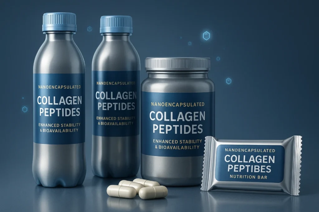 Nanoencapsulated collagen peptides applied in functional beverages, capsules, and nutrition bars for B2B functional nutrition products