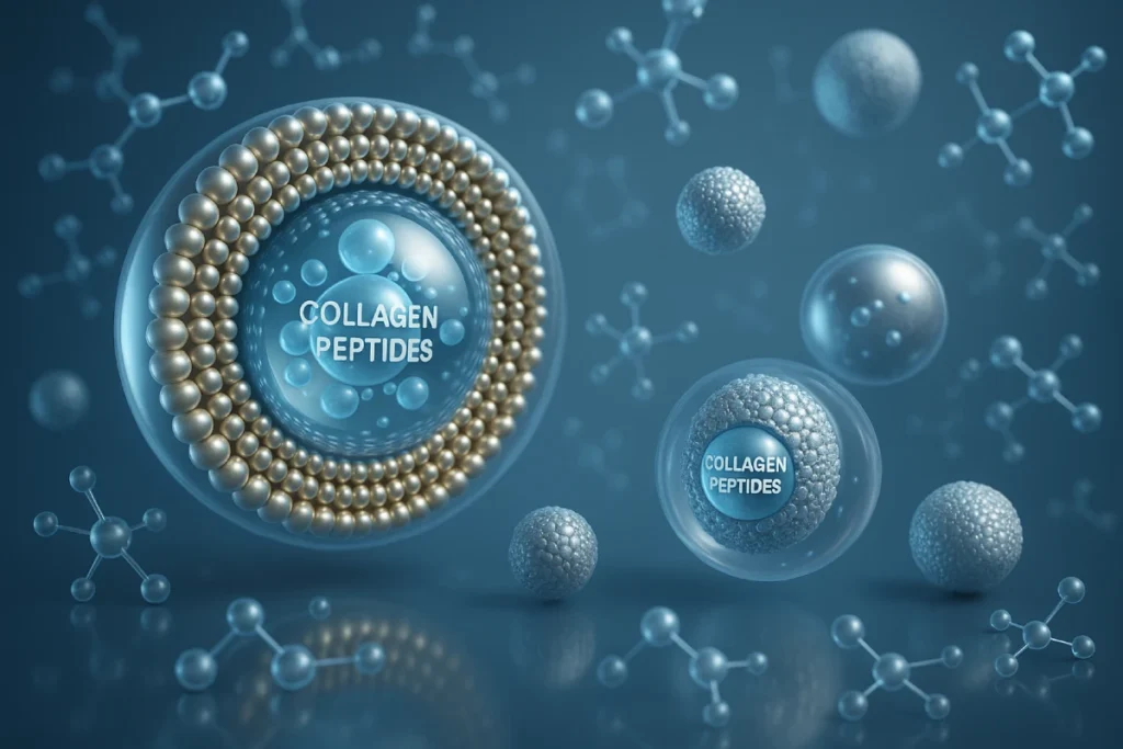 Illustration of nanoencapsulation of collagen peptides showing liposomes and nanoparticles enhancing stability and bioavailability in functional nutrition products