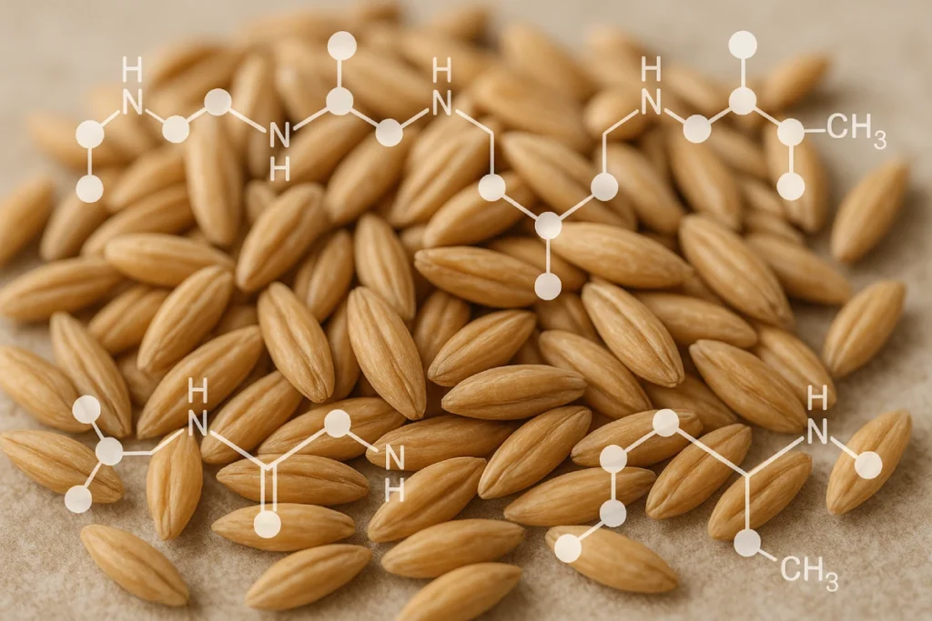 Close-up of oat grains with a subtle molecular peptide overlay, representing natural stress relief and sleep support for B2B functional nutrition products.
