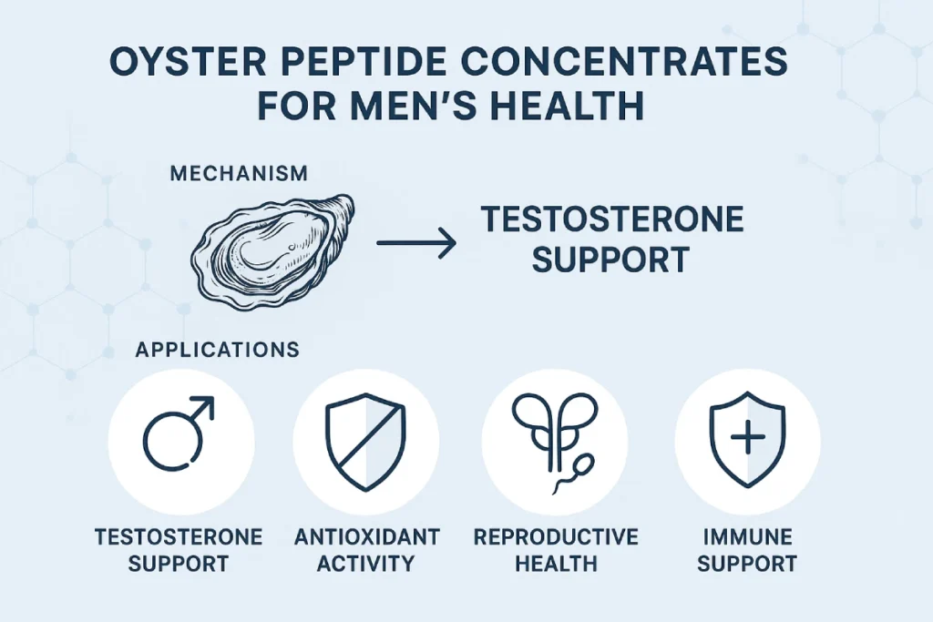 Oyster peptide mechanism and application illustration for men's health products, showing bioactive effects and functional benefits
