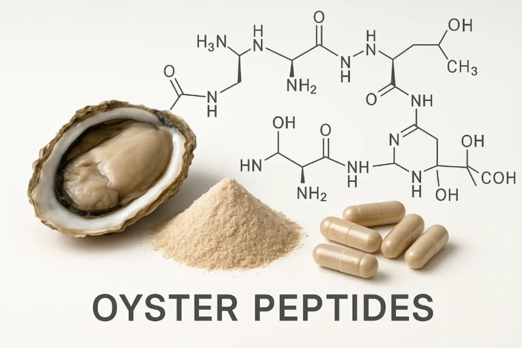 Oyster peptides incorporated in functional beverages and capsules, showcasing B2B applications for nutraceuticals, cosmeceuticals, and skin health products