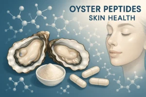 Oyster peptides for skin health: marine-derived bioactive peptides in capsule and powder form with smooth skin and molecular structure background, B2B functional nutrition concept