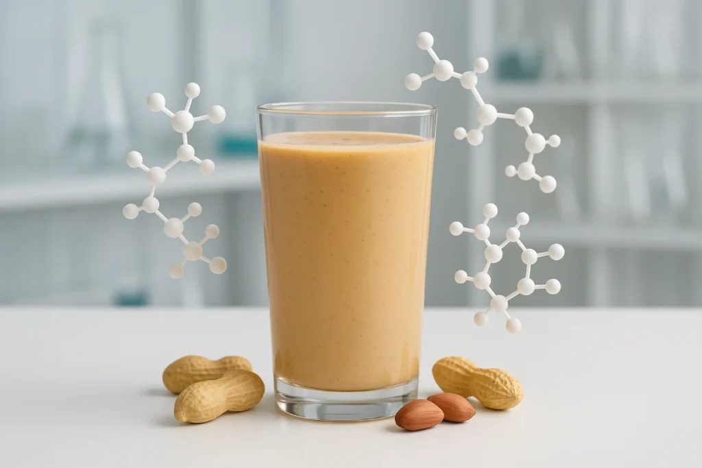 A high-quality, professional concept image showing a glass of functional beverage with peanuts and molecular peptide structures floating around, clean laboratory or R&D background, vibrant colors, modern and sleek design, B2B product development focus, visually appealing for health and nutrition industry, realistic lighting, high resolution
