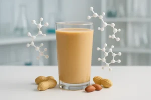 A high-quality, professional concept image showing a glass of functional beverage with peanuts and molecular peptide structures floating around, clean laboratory or R&D background, vibrant colors, modern and sleek design, B2B product development focus, visually appealing for health and nutrition industry, realistic lighting, high resolution