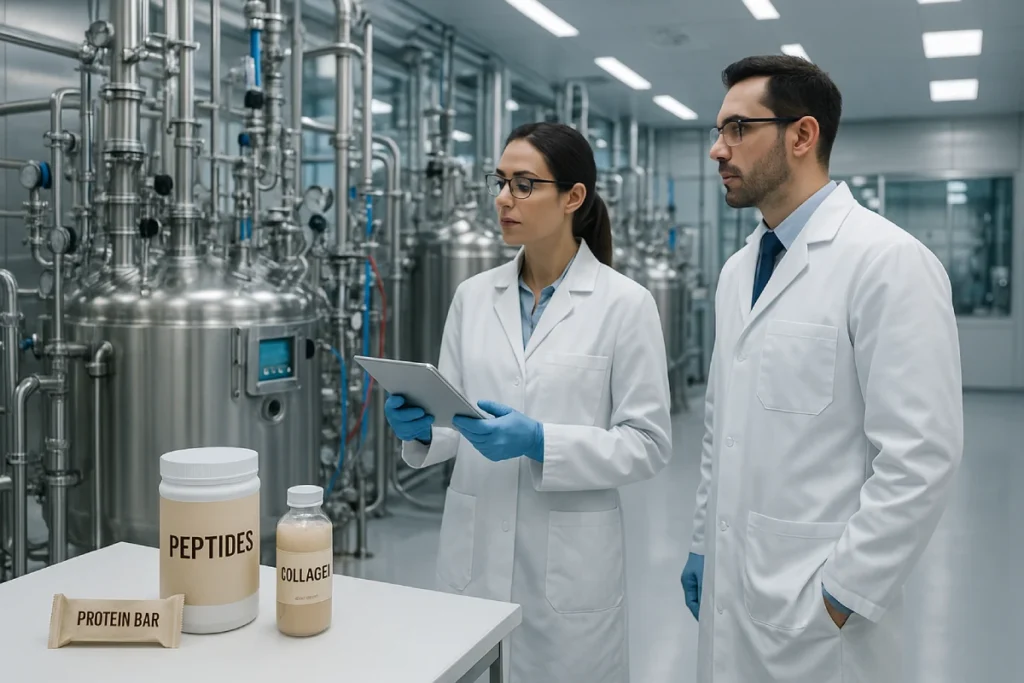 Modern peptide manufacturing facility with scientists in lab coats inspecting bioreactors and functional nutrition product samples